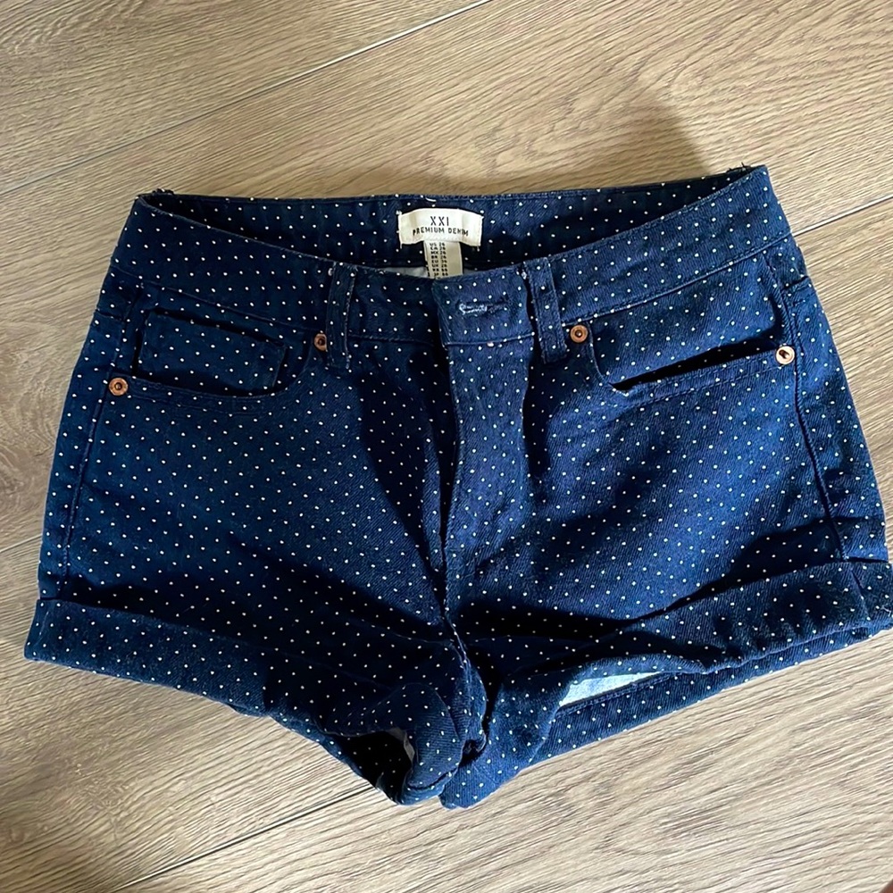 Blue denim cuffed shorts with white polkadots comfy fit.